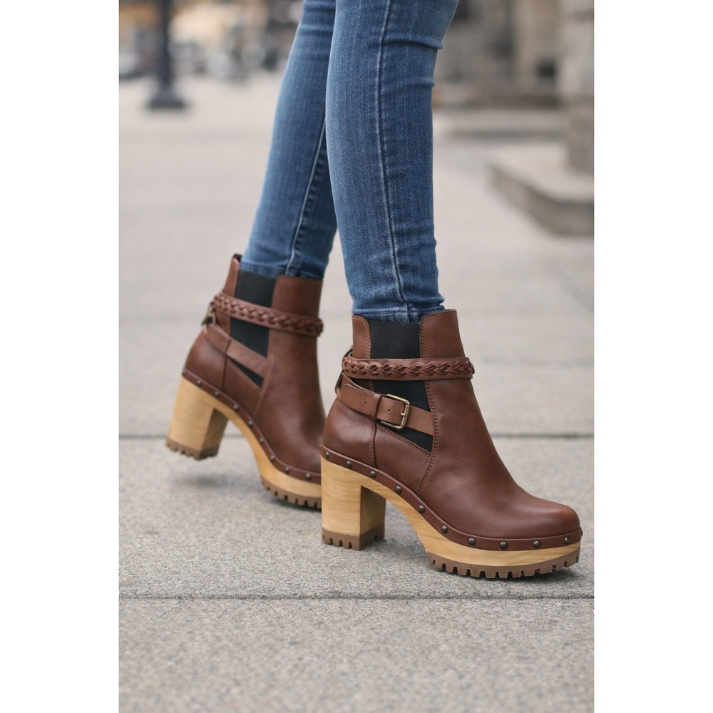 Ralph Lauren Leather Clog Ankle Boots Women 40.5 Brown Excellent Boho Platform